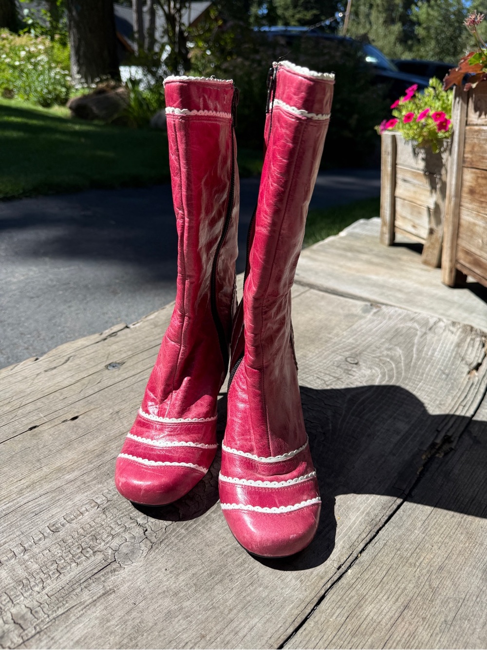 Women's Pink Leather Mid-Calf Boots with Decorative Trim and metal heels